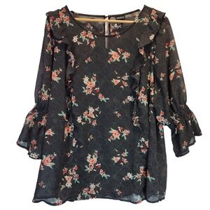 Torrid Sheer Tunic Blouse Size 3 Black Polka Dot Floral Ruffle 3/4 Sleeve Top